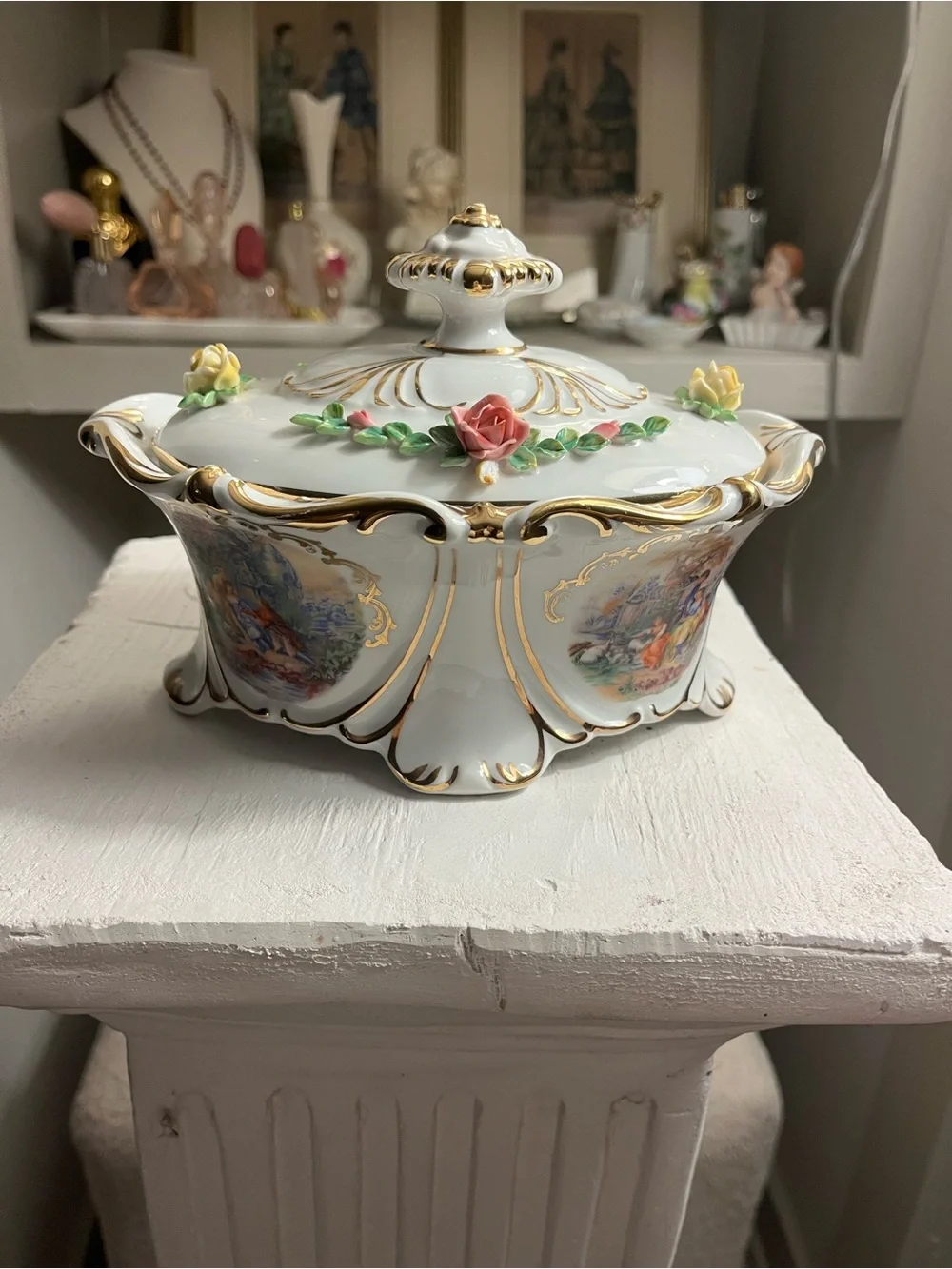 Rococo Cico Bavaria Germany Porcelain Lidded Bowl - Courting Couple Scene